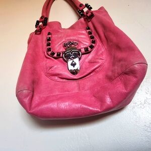 Preowned Betsey Johnson PINK W/BLACK STUDS Shoulder BAG Purse SATCHEL 14X15